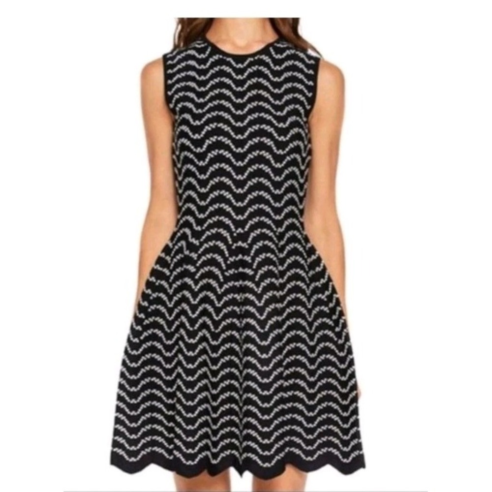 TED BAKER Bryena Black And White Jacquard Fit & Flare Dress Size 1. US 2-4